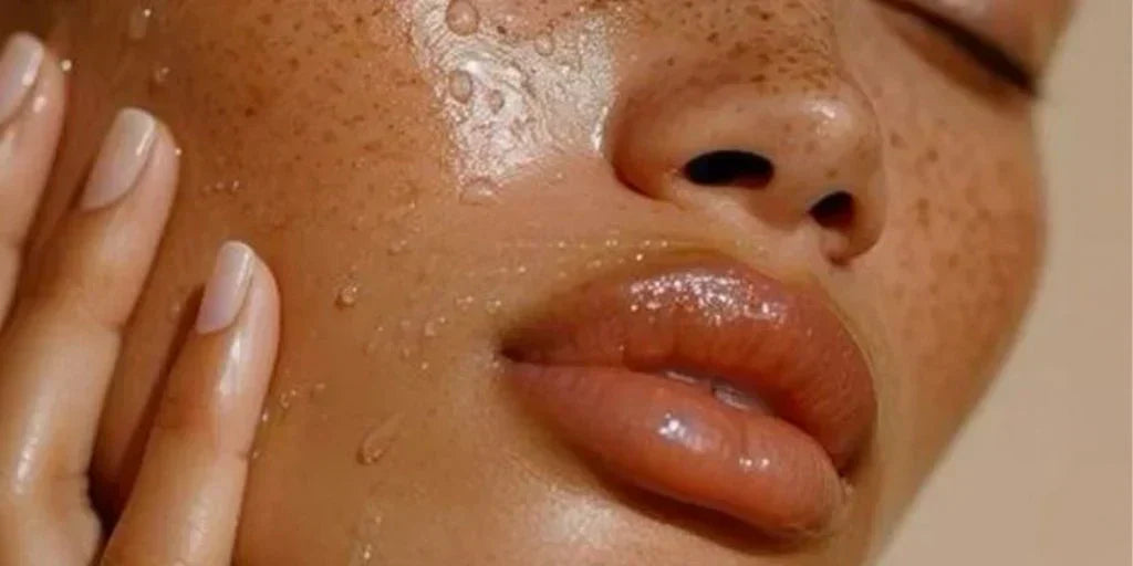 Close-up of a woman's wet, freckled skin near her nose and lips.
