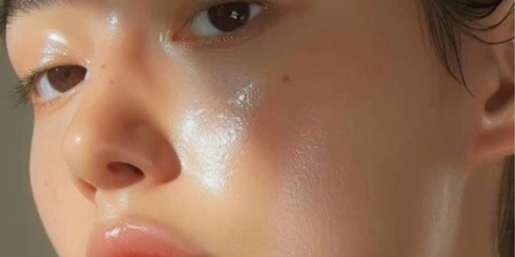 Extreme close-up of a woman's dewy, glowing skin.