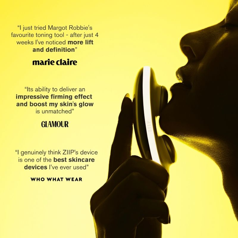Silhouette of a person using a skincare device with glowing yellow background and text quotes.