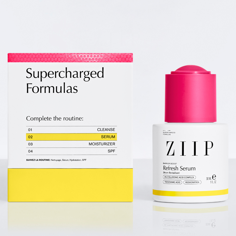 ZIIP Refresh Hyaluronic Acid Serum shown with packaging box